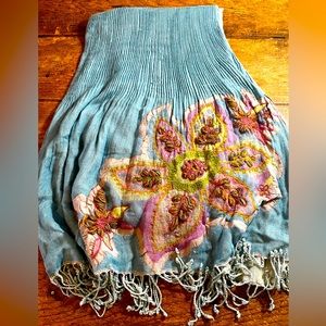 Blue Scarf 100% viscose Blue base with Floral embroidery and tassels